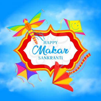 Makar Sankranti kites vector frame of Indian holiday. Colorful paper toys of Hindu religion festival flying in blue sky, bird and dragonfly kites with waving threads and tails, greeting card design
