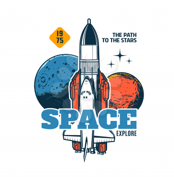 Space explore vector icon with spaceship rocket and planets, shuttle spacecraft in galaxy flight. Orbital station in space for planets exploration and galactic mission, spaceflight adventure