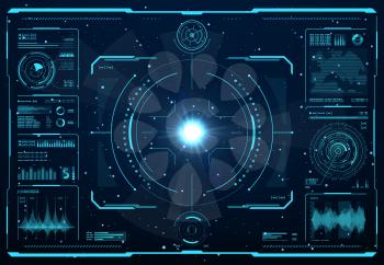 HUD spaceship or shuttle aircraft digital screen interface, vector ui or gui of Sci Fi space game. Hologram screen of head up display with aim control panel frame, menu and info bars, map and graphics