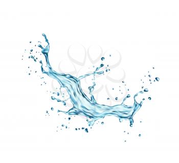 Clean water splash with drops. Pure aqua, clear liquid or fresh water 3d realistic vector wave. Falling, flowing and splashing transparent, natural water frozen motion effect