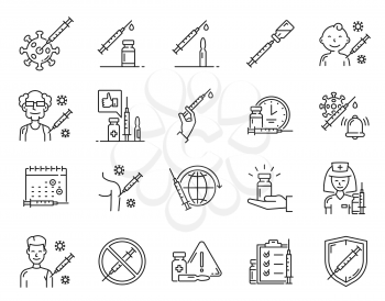 Virus vaccine and vaccination line icons with syringe, vaccine bottle, COVID virus cell and nurse character, clock, vector warning sign, old and young people, baby getting vaccination dose injection