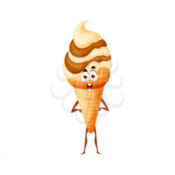 Vanilla and chocolate ice cream in waffle cone isolated funny cartoon character. Vector emoticon, ice sundae swirl in wafer, cold refreshing dessert. Gelato icecream emoji kawaii with happy face