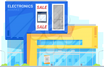 Electronics and home appliances market. Vector flat store building, discount center sale