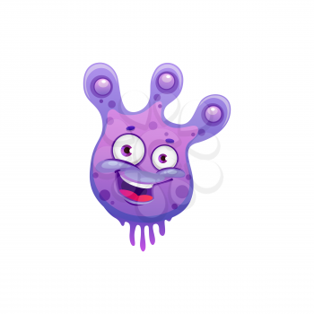 Bacterial funny pathogen, purple smiling monster isolated cartoon character. Vector microbiological coronavirus, biological monster happy emoticon. Microbe organism bacteria microorganism with eyes