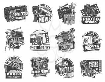Photo and movie camera icons. Professional photo and video studio emblems, photography and cinema equipment store vector retro badges, icons with vintage folding, medium format and SLR film cameras