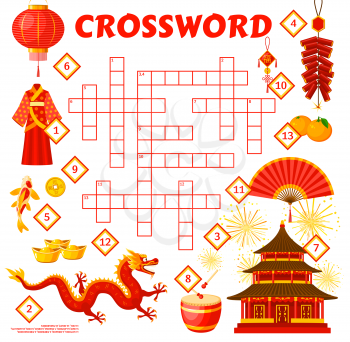 Chinese holiday objects, crossword grid worksheet, vector find a word quiz game. Kids crossword riddle to guess Chinese new year symbols of dragon, pagoda and golden ingots, carps and fireworks