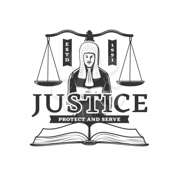 Judge and scales of justice isolated vector icon of man in wig and black judicial robe with law book. Court or courthouse, judgement, judicial service and judicature symbol design