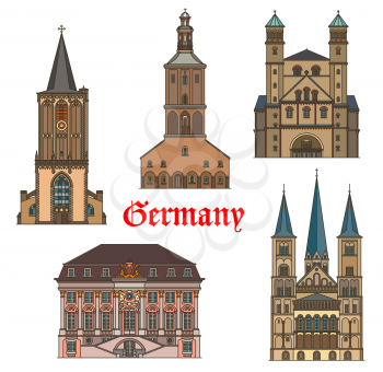 Germany architecture, Cologne and Bonn travel landmark buildings, vector. Bonn cathedral, Saint Pantaleon church, St Ursula, Sankt Severin basilica and Altes Rathaus city hall, Germany landmarks