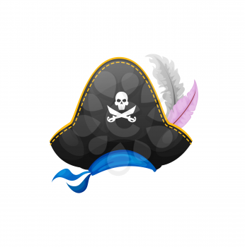 Pirate hat with jolly roger skull with crossed bones decorated by feathers and blue bandana isolated sailor cap. Vector caribbean captain headwear, Halloween costume accessory, corsair tricorn cap