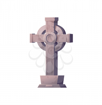 Tombstone and cross, grave stone isolated cartoon granite monument at graveyard. Vector Halloween symbol, cemetery headstone burial tombstone with cross. Memory stele, creepy memorial gravestone
