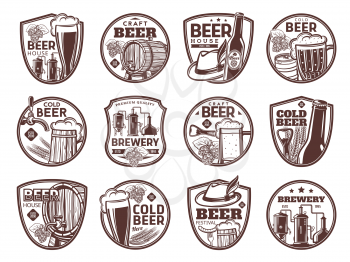 Brewery and craft beer isolated icons of bar and pub alcohol drink vector design. Malt beer bottles, mugs, glasses and barrels, wheat ale or lager pint tankards, barley, hops and brewing tanks