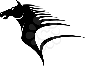 Stylized black and white illustration of the head of a horse with flying mane giving a dynamic appearance of speed