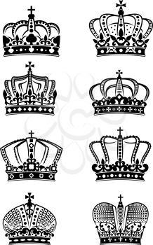 Set of vintage heraldic royal crowns on a white background