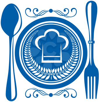 Gournet food award with a blue plate and cutlery decorated with a winners laurel wreath and chefs toque or hat, design illustration