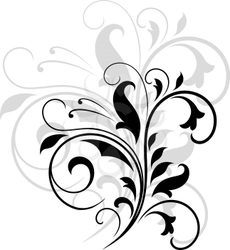 Elegant black and white swirling floral pattern with flourishes and an enlarged grey repeat behind