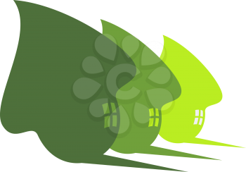 Three stylized cute green eco houses with flowing curves, windows and shadows in receding sizes, silhouette illustration on white