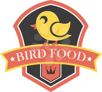 Bird food emblem with a shield containing a cute little yellow cartoon canary perched on a banner containing the text - Bird Food - over a crown