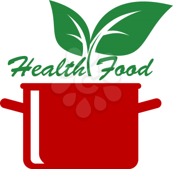 Health food icon with fresh green leaves above a cooking pot and the text - Health Food - for a healthy diet and lifestyle, vector cartoon illustration