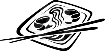 Black and white doodle sketch icon depicting Japanese cuisine with chop sticks, noodles and shrimps on a plate of food