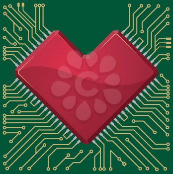 Stylized red heart shape on a circuit board for a specialist Valentines message for a loved one