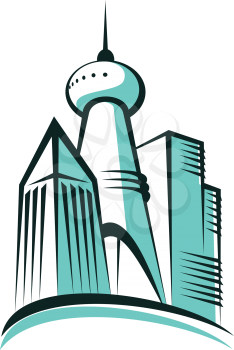 Stylized cartoon illustration of the skyline of a modern city with a tall communications or broadcasting tower topped with an antenna in the centre