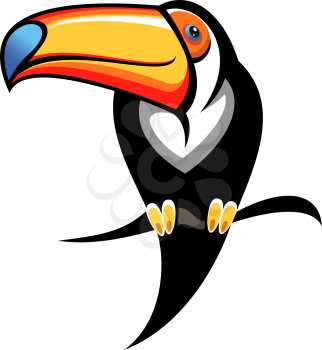 Cartoon illustration for kids of a colourful toucan with a big orange and blue bill perched on a branch, design element on white