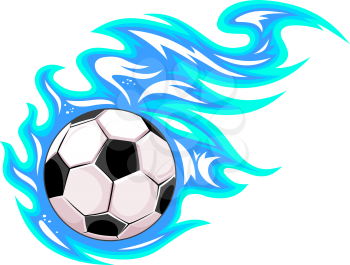 Championship soccer ball or football leaving a blue trail as it speeds through the air, vector cartoon illustration on white