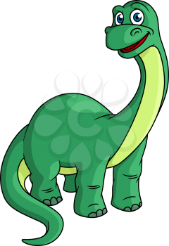 Adorable green cartoon dinosaur mascot with a long neck and tail, isolated on white