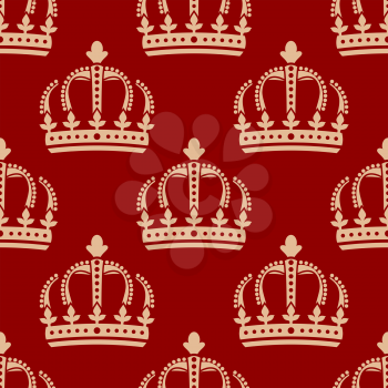 Seamless pattern of royal crowns on a red background with a repeat motif arranged in rows in square format suitable for wallpaper and fabric