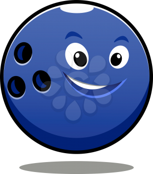 Happy colourful blue cartoon bowling ball with a cute grin, finger holes and shadow for sports or leisure design