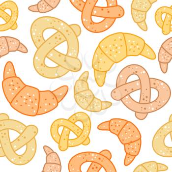 Seamless background pattern of freshly baked pretzels and croissants in square format