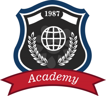 Academy emblem with a shield enclosing the date, a globe and a foliate wreath above a red ribbon with the text - Academy