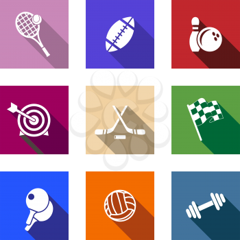 Set of flat sporting icons on colorful web buttons depicting tennis, football, bowling, archery, hockey, motor sport, table tennis, volleyball and dumbbell