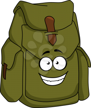 Tourist sturdy green canvas rucksack or backpack with a happy smiling face, cartoon illustration