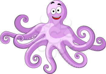 Cute cheerful purple cartoon octopus with eight curling tentacles and a happy smiling face