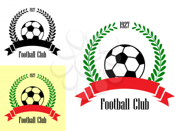 Three football club emblems with a wreath enclosing a football or soccer ball over a blank ribbon banner in three different color variations isolated on background