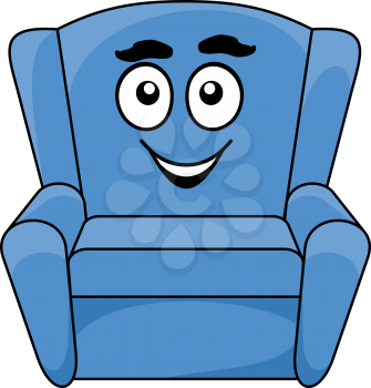Comfortable upholstered blue armchair with a happy smiling face, cartoon illustration isolated on white