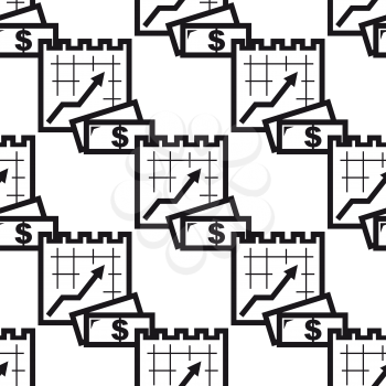 Seamless financial background pattern with dollars and analyitical charts or graphs arranged in diagonal rows, black and white illustration
