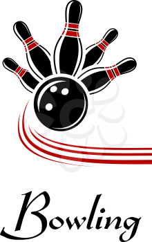 Bowling sports symbol with flying ball and pins, text below