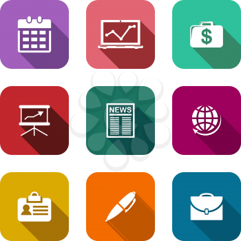 Set of flat business icons on colorful web buttons depicting, a calendar, graph, dollars, briefcase, presentation, laptop, financial newspaper, globe, name tag and pen