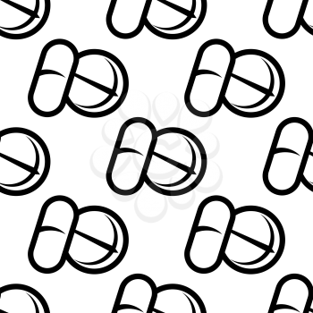 Seamless black and white pattern of tablets, pills and capsules in a healthcare and medical concept