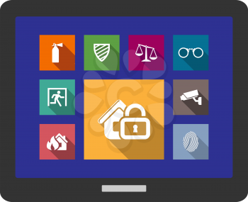 Flat safety and security icons on a tablet screen with a fire extinguisher, shield, scales, glasses, emergency exit, fire alarm, security camera, thumbprint and home padlock