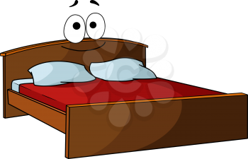 Wooden double bed with bed linen and a smiling face for furniture or interior design, cartoon illustration