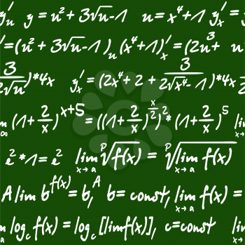Seamless green and white background pattern of mathematical equations handwritten in chalk on a board