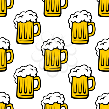 Seamless pattern background of tankards filled with golden lager or beer with white frothy heads