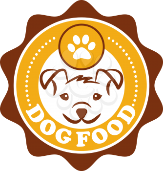 Circular design of a Dog Food Icon with a cute smiling puppy and a paw print in a winners rosette with the text. Vector illustration