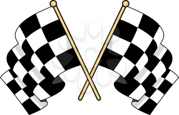 Crossed black and white flags used in motor sport to signal finishing successful competitors waving in the wind with furled fabric