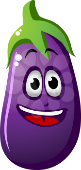 Colorful purple cartoon eggplant vegetable or brinjal with a big happy smile and fresh green stalk