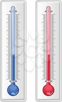 Two thermometers, one red hot one and one blue cold one, both showing the same level of mercury for measuring the summer and winter temperatures,  isolated on white