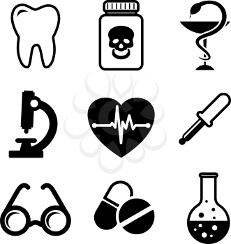 Collection of medical icons in black and white depicting a tooth for dentistry, poison, microscope, heart with ECG, spectacles, dropper, amd laboratory glassware